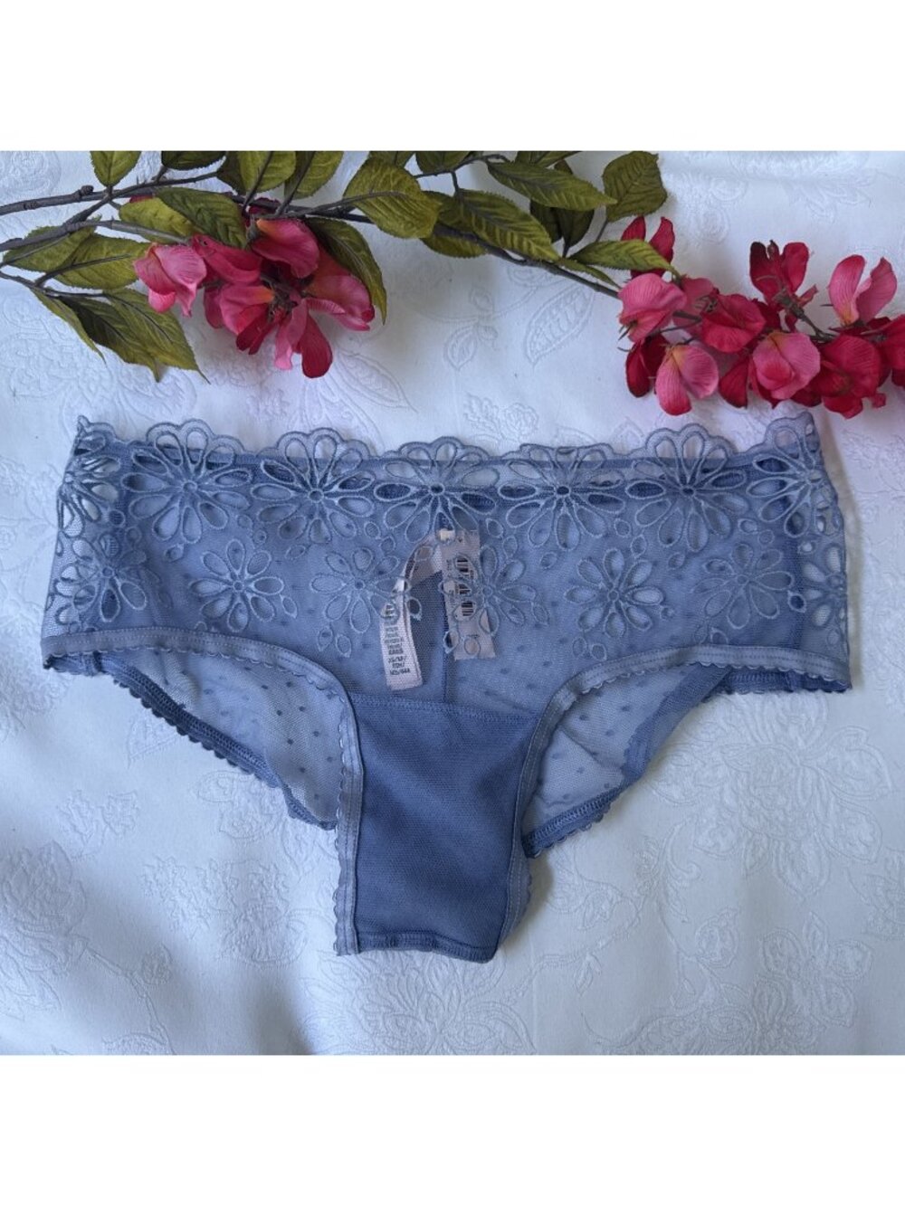 VICTORIA'S SECRET XS BLUE EMBROIDERED FLOWERS SHEER LACE MESH CHEEKY PANTIES NWT